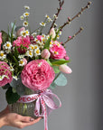 Bouquet in a Vase "Take Me Home" - Roses, chamomiles, tulips, apricot blossoms, vase