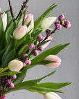 Bouquet in a Vase "Tulip Seduction" - 45 tulips, apricot blossoms, vase
