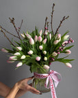 Bouquet in a Vase "Tulip Seduction" - 45 tulips, apricot blossoms, vase