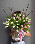 Bouquet in a Vase "Tulip Seduction" - 45 tulips, apricot blossoms, vase