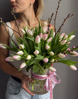 Bouquet in a Vase "Tulip Seduction" - 45 tulips, apricot blossoms, vase