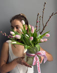 Bouquet in a Vase "Spring Me Up" - 21 tulips, apricot blossoms, vase