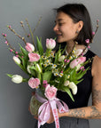 Bouquet in a Vase "Feminine Spark" - Tulips, ranunculus, chamomile, apricot blossom