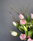 Bouquet in a Vase "Feminine Spark" - Tulips, ranunculus, chamomile, apricot blossom