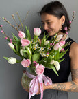 Bouquet in a Vase "Feminine Spark" - Tulips, ranunculus, chamomile, apricot blossom
