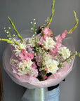 Bouquet “Pastel Echoes” - gladioluses, white roses, delphiniums