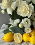 Interior arrangement “Lemons” - garden roses, eucalyptus