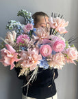 Flower box “Morning in Paris” - roses, ranunculuses, delphiniums