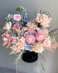 Flower box “Morning in Paris” - roses, ranunculuses, delphiniums