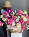 Flower basket “Rosy Splendor" - roses, calla lilies, ranunculuses (ONLY MIAMI)
