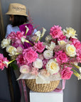 Flower basket “Rosy Splendor" - roses, calla lilies, ranunculuses (ONLY MIAMI)