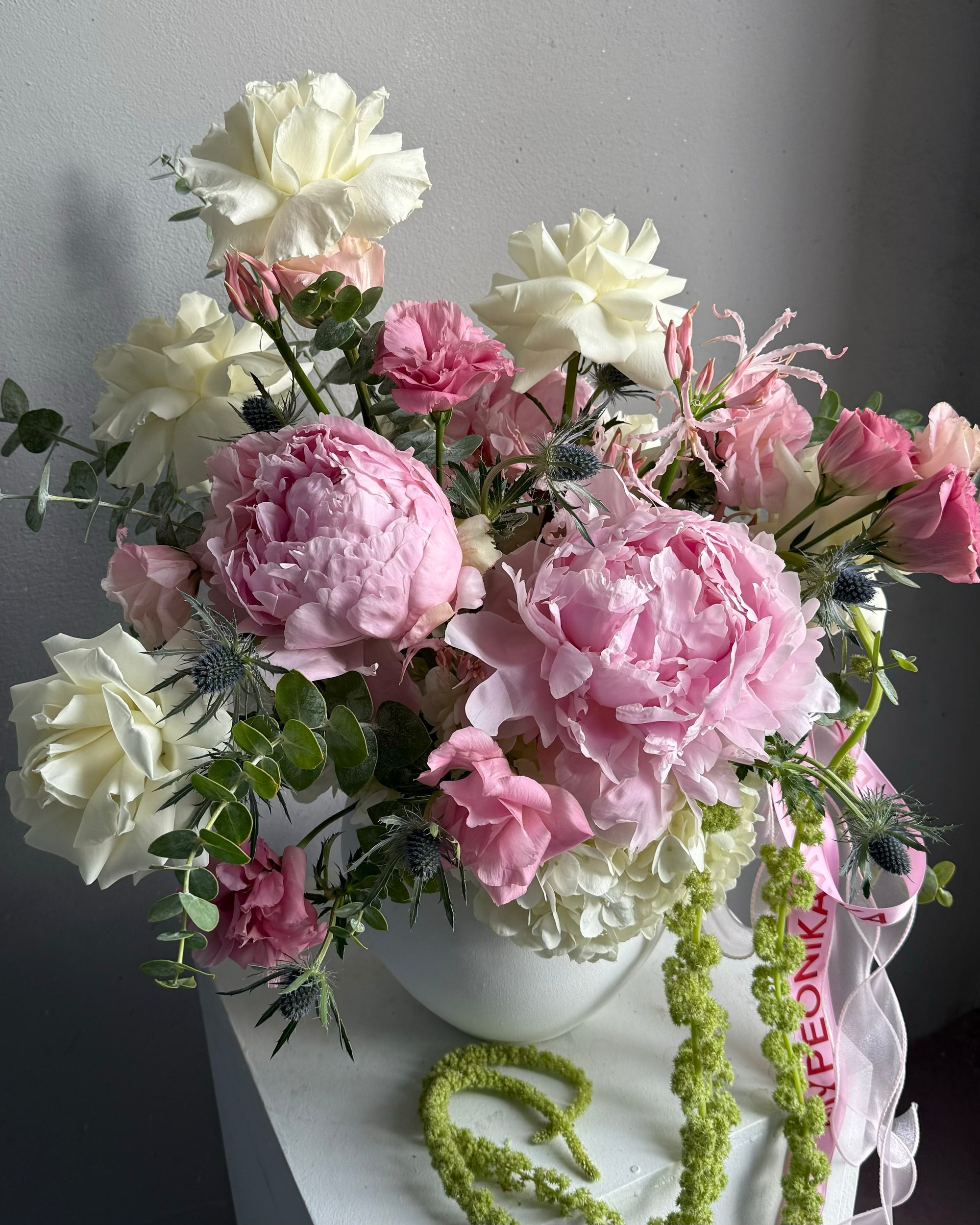 Interior arrangement "Chic Fusion" - peonies, roses, lisianthuses, greens