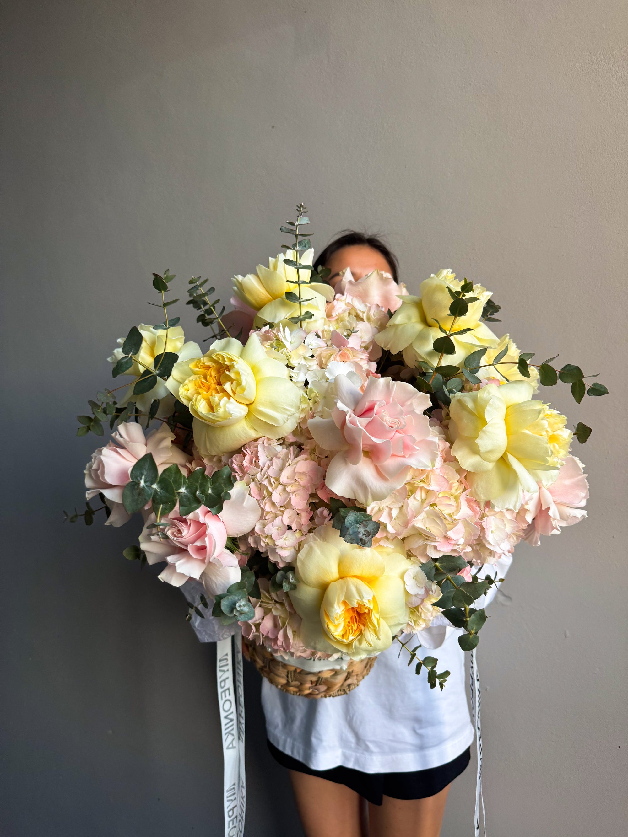Flower Basket "Love Affair" - garden roses, hydrangeas