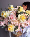 Flower Basket "Love Affair" - garden roses, hydrangeas