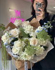 Bouquet "Jade" - amaranth, garden roses, delphinium