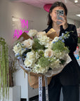 Bouquet "Jade" - amaranth, garden roses, delphinium