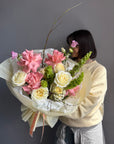 Bouquet “Into the Garden” — roses, campanula, molucella