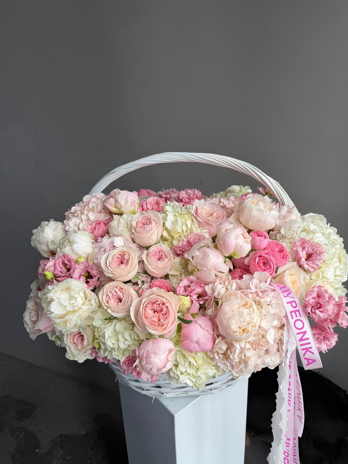 Flower Basket “You’re My Best Decision” — hydrangeas, garden roses, spray roses, peonies, lisianthus