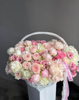 Flower Basket “You’re My Best Decision” — hydrangeas, garden roses, spray roses, peonies, lisianthus
