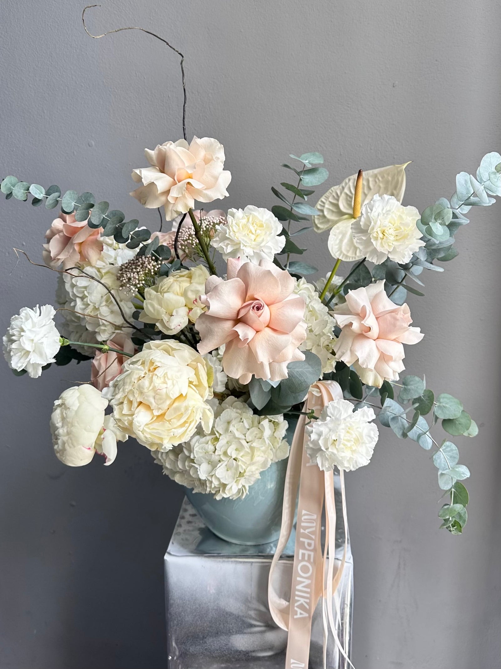 Interior Arrangement “Mint to Be” — hydrangeas, roses, peonies, eucalyptus, carnations