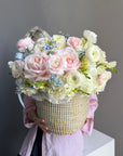 Flower Basket “Lucky Girl” — ranunculus, roses, hydrangeas