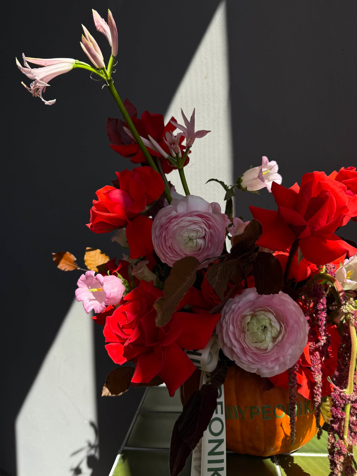 Interior Arrangement “Pumpkin Club” — roses, ranunculus, amaranth