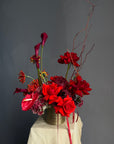 Vase Arrangement “Burning Love” — roses, hydrangea, anthurium, calla lily, gerberas, decorative pomegranate