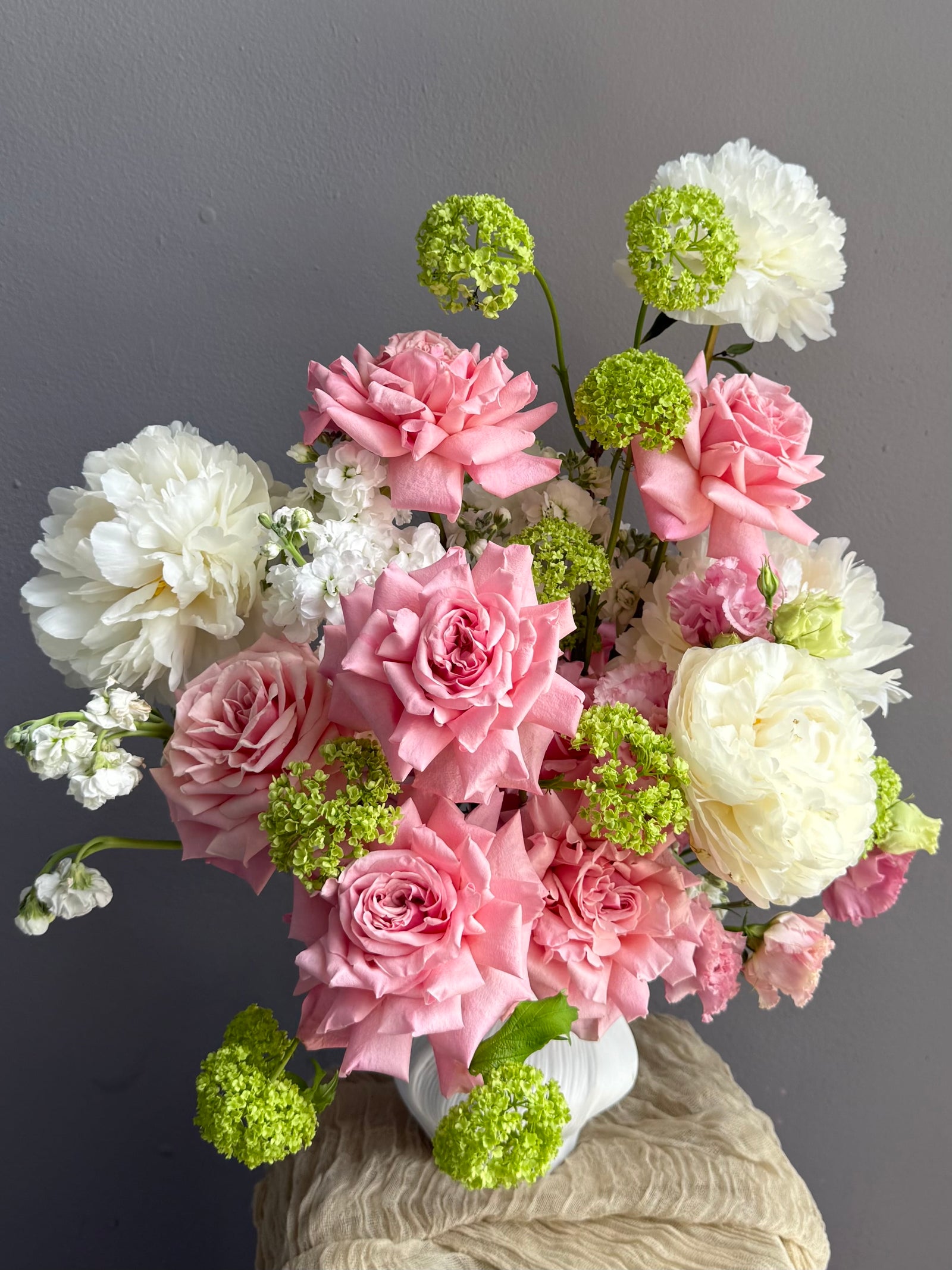 Vase Arrangement “Petal Baby” — roses, peonies, viburnum