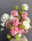 Vase Arrangement “Petal Baby” — roses, peonies, viburnum