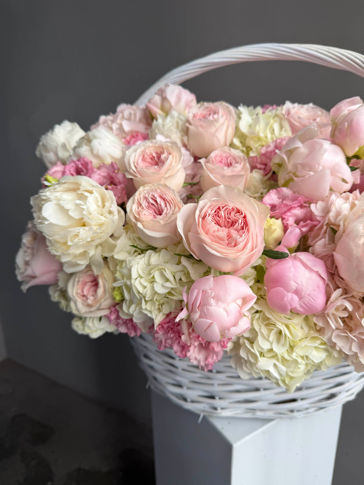 Flower Basket “You’re My Best Decision” — hydrangeas, garden roses, spray roses, peonies, lisianthus
