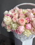 Flower Basket “You’re My Best Decision” — hydrangeas, garden roses, spray roses, peonies, lisianthus