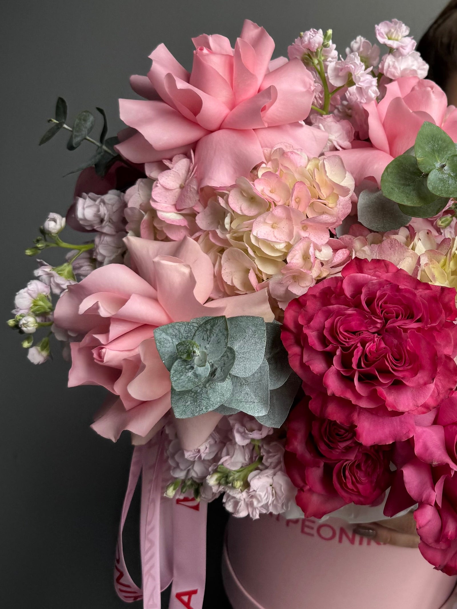 Flower Box “Tender Habit” — stock, roses, eucalyptus