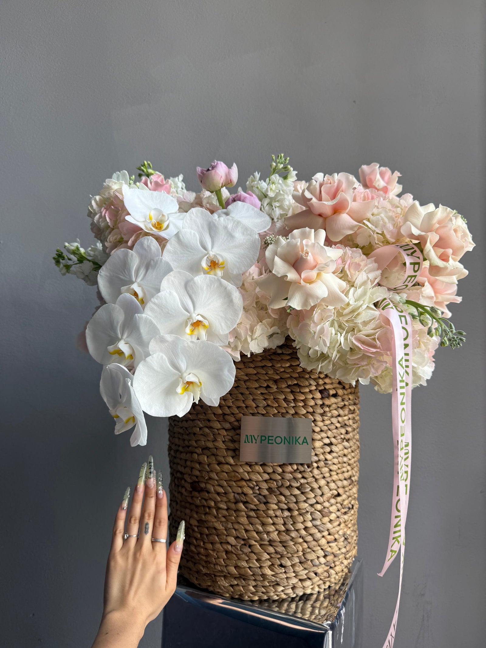 Flower Basket “I Mean… Look at It” — orchid, hydrangea, roses