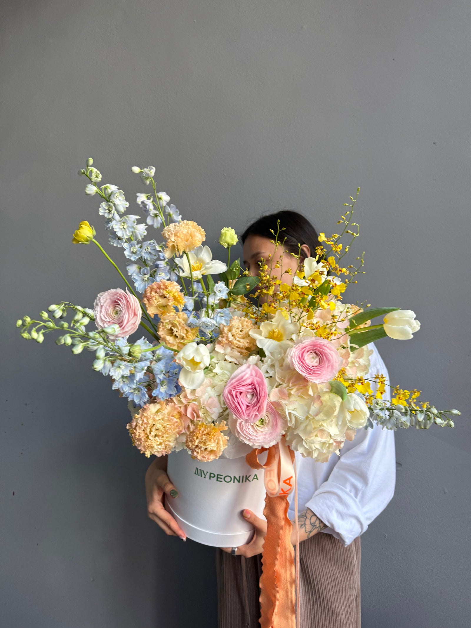 Flower Box “Fresh Start” — ranunculus, hydrangea, delphinium, lisianthus &amp; seasonal blooms