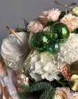 Bouquet “Merry Pine Delight” — roses, hydrangea, noble fir, pinecones