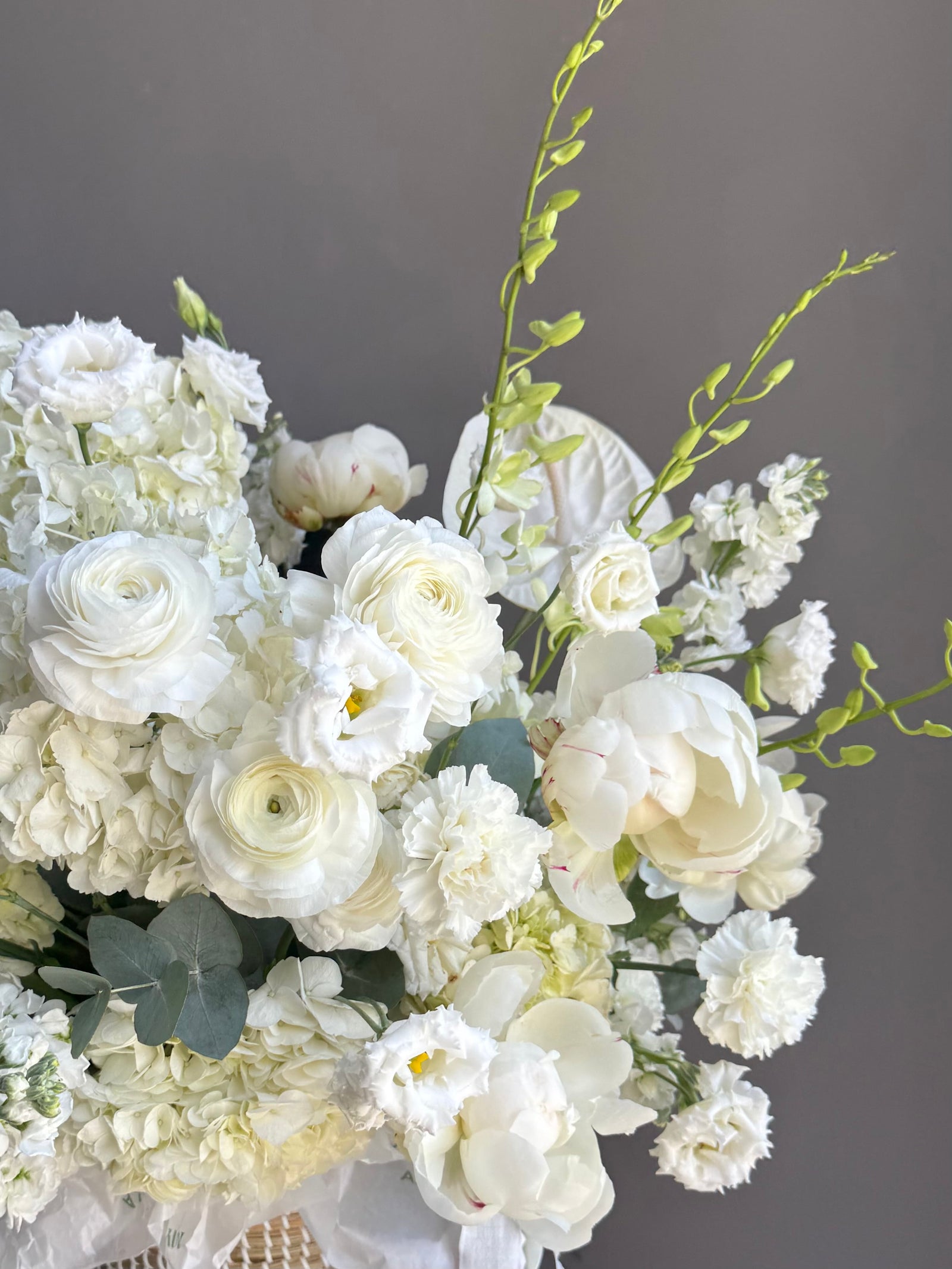 Flower Basket “Clean Girl Bloom” — roses, peonies, viburnum, lisianthus, ranunculus