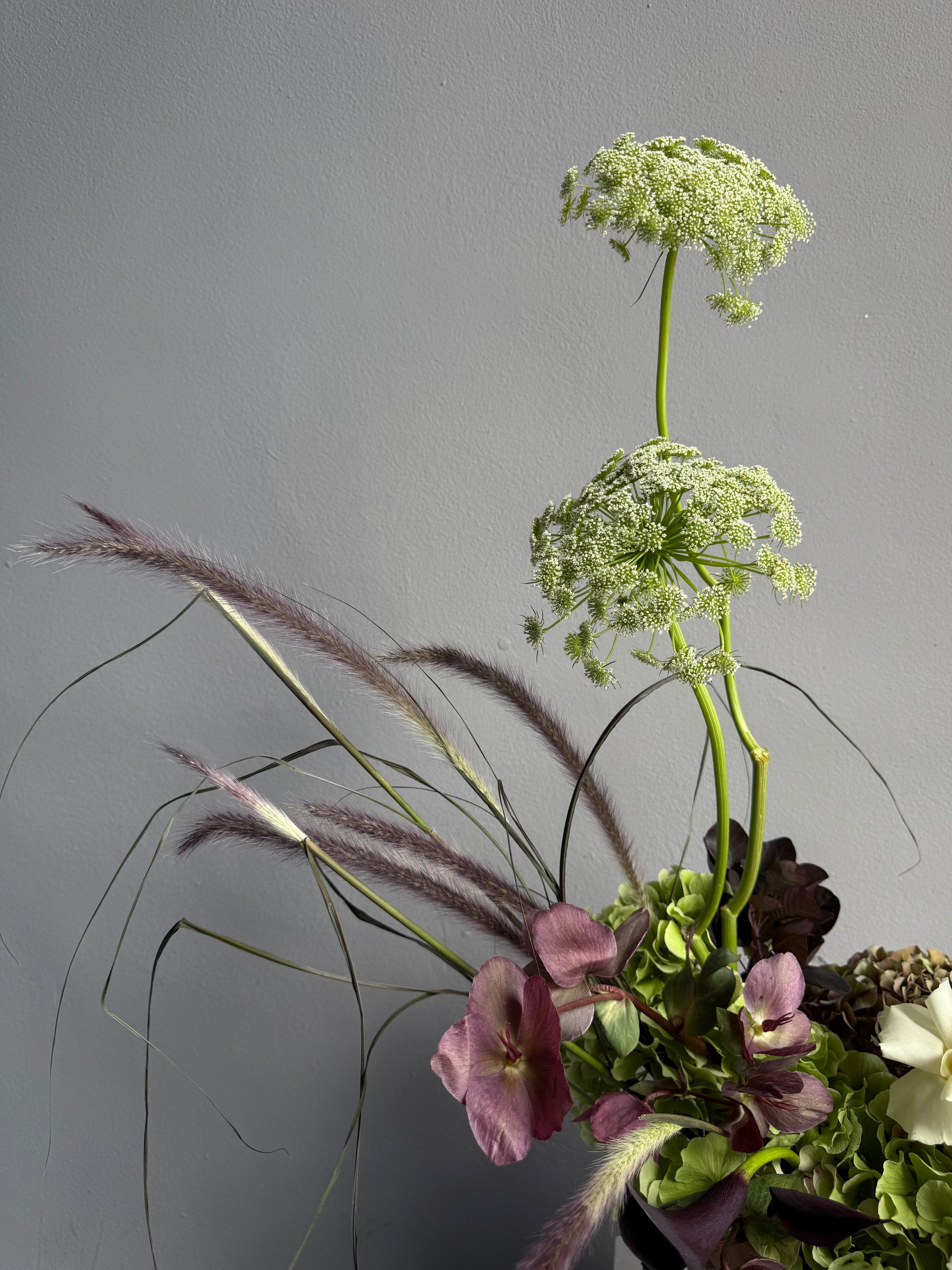 Interior Arrangement “Autumn Archive” — viburnum, roses, hydrangea