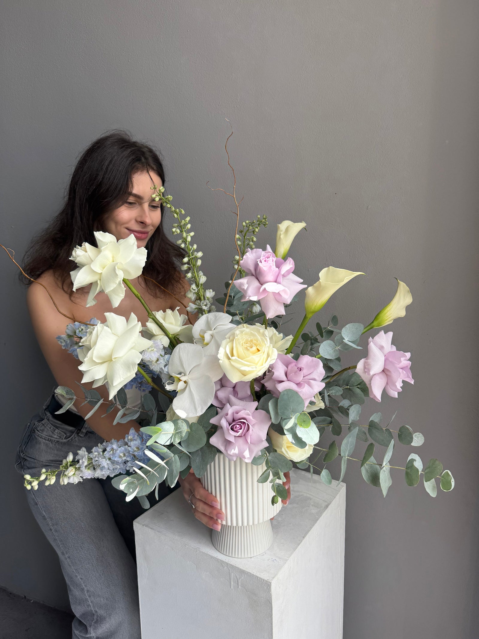 Interior Arrangement “Private Eden” — delphinium, calla lilies, eucalyptus
