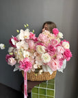 Flower Basket “The Way She Smiles” — roses, orchids, ranunculus
