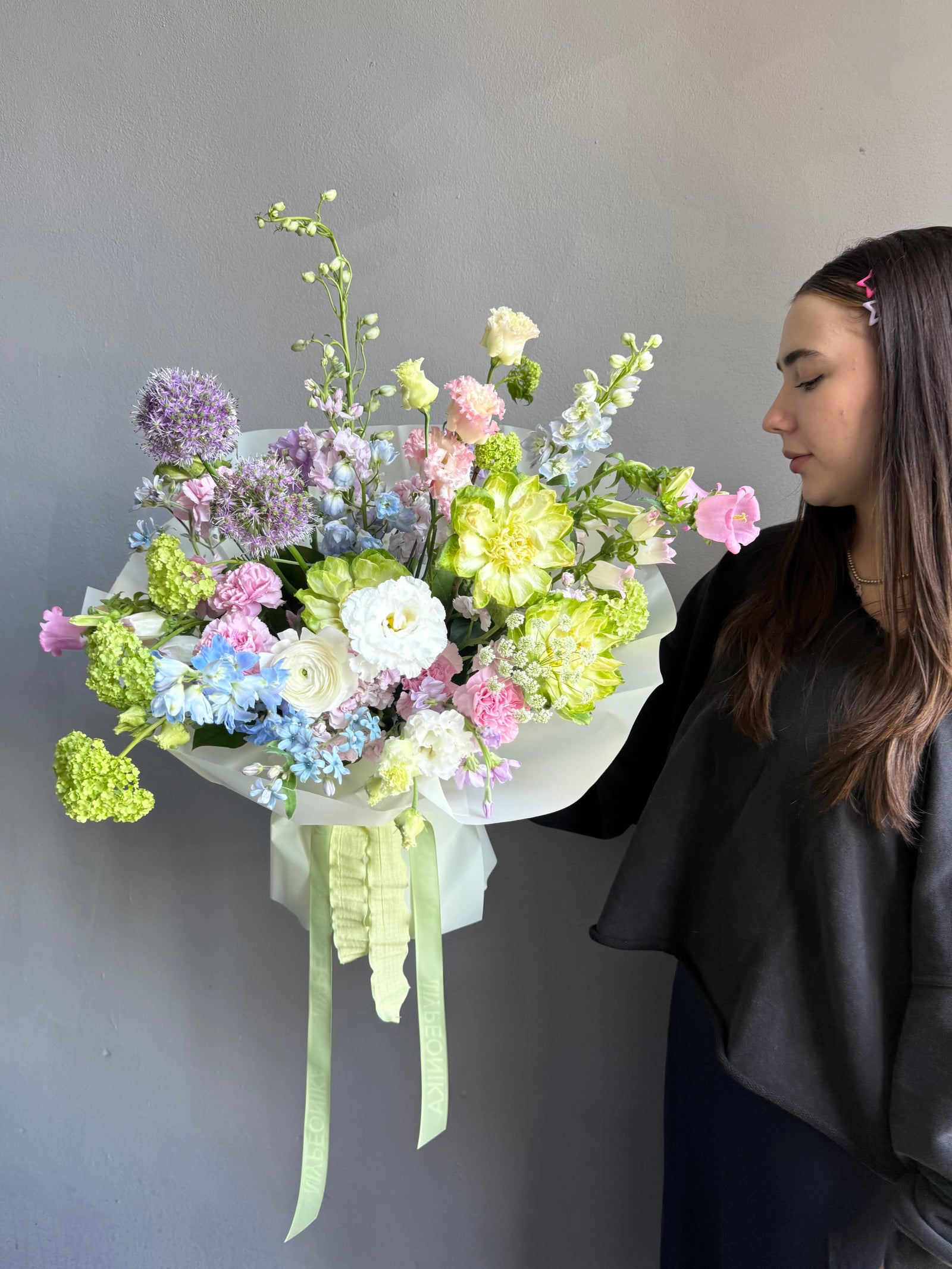 Bouquet “Color Me Happy” — veggie roses, allium, delphinium, campanula