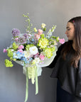 Bouquet “Color Me Happy” — veggie roses, allium, delphinium, campanula