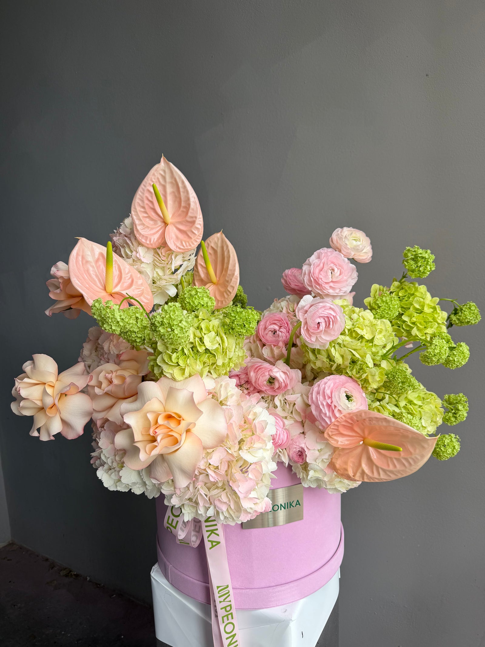 Flower Box “The Way You Care” — roses, hydrangea, ranunculus, anthurium, viburnum