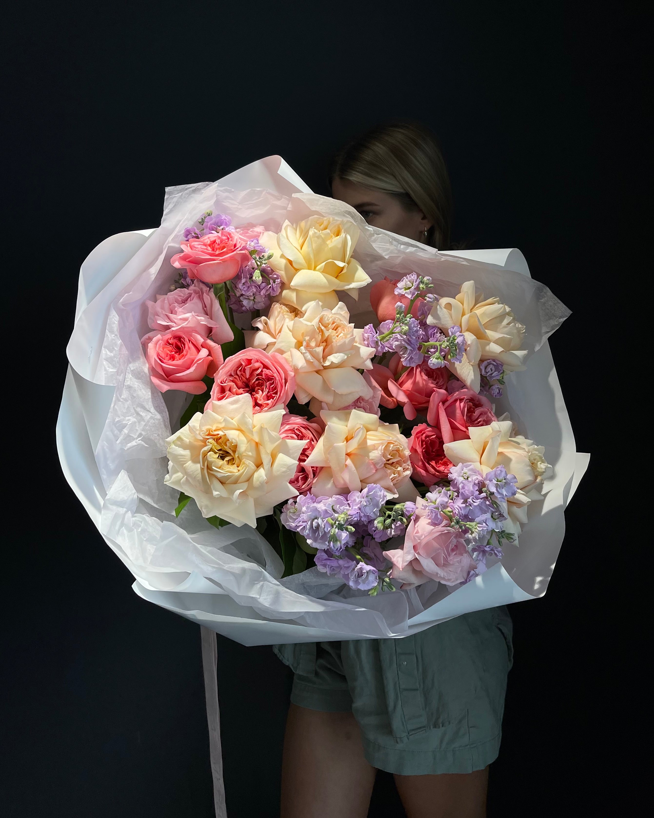 Bouquet “Blushing Peony Roses &amp; Stock” - garden roses, stock