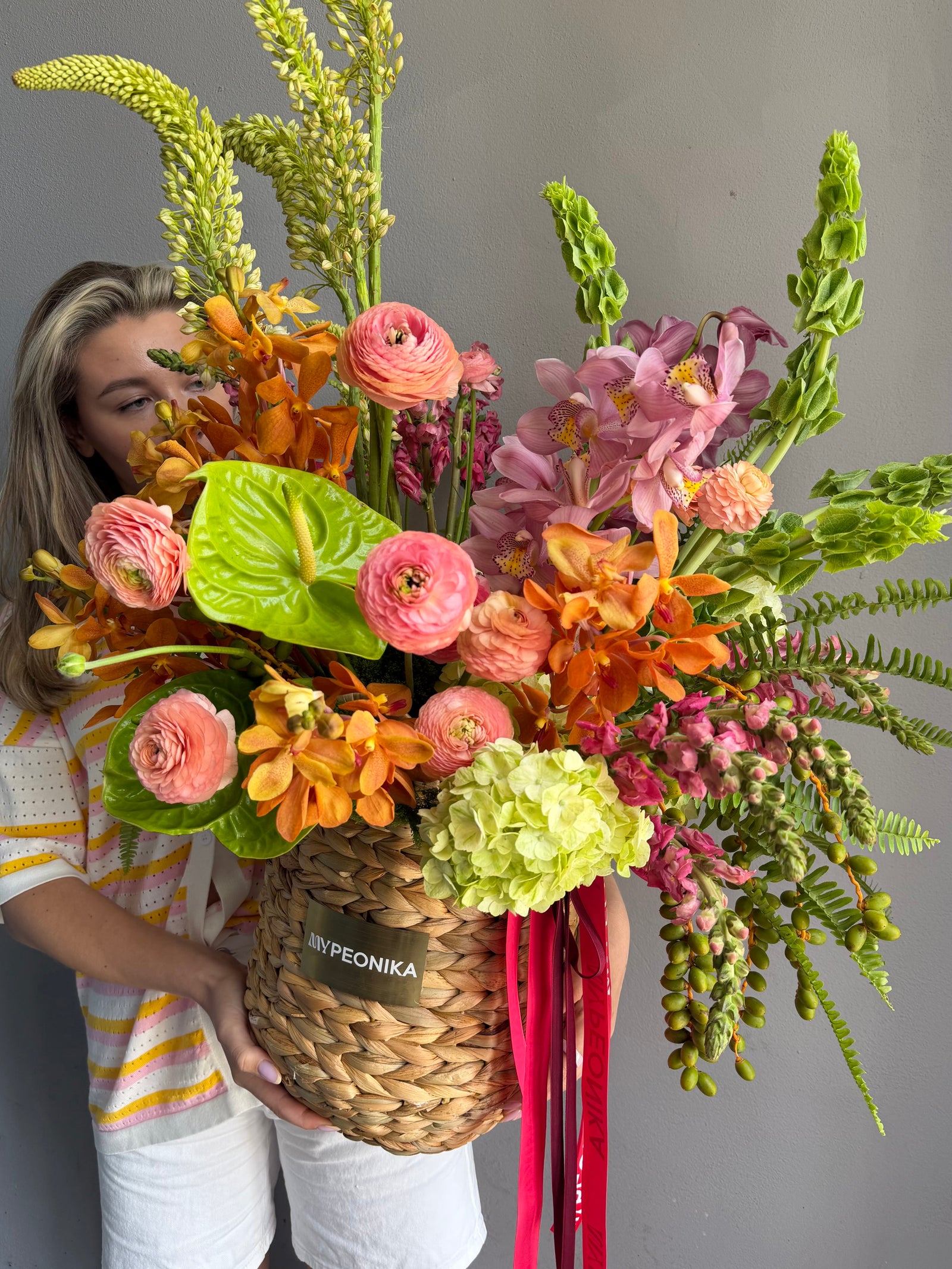 Flower Basket “Wild Eden” — ranunculus, anthurium, hydrangea, orchids, eremurus, moluccella