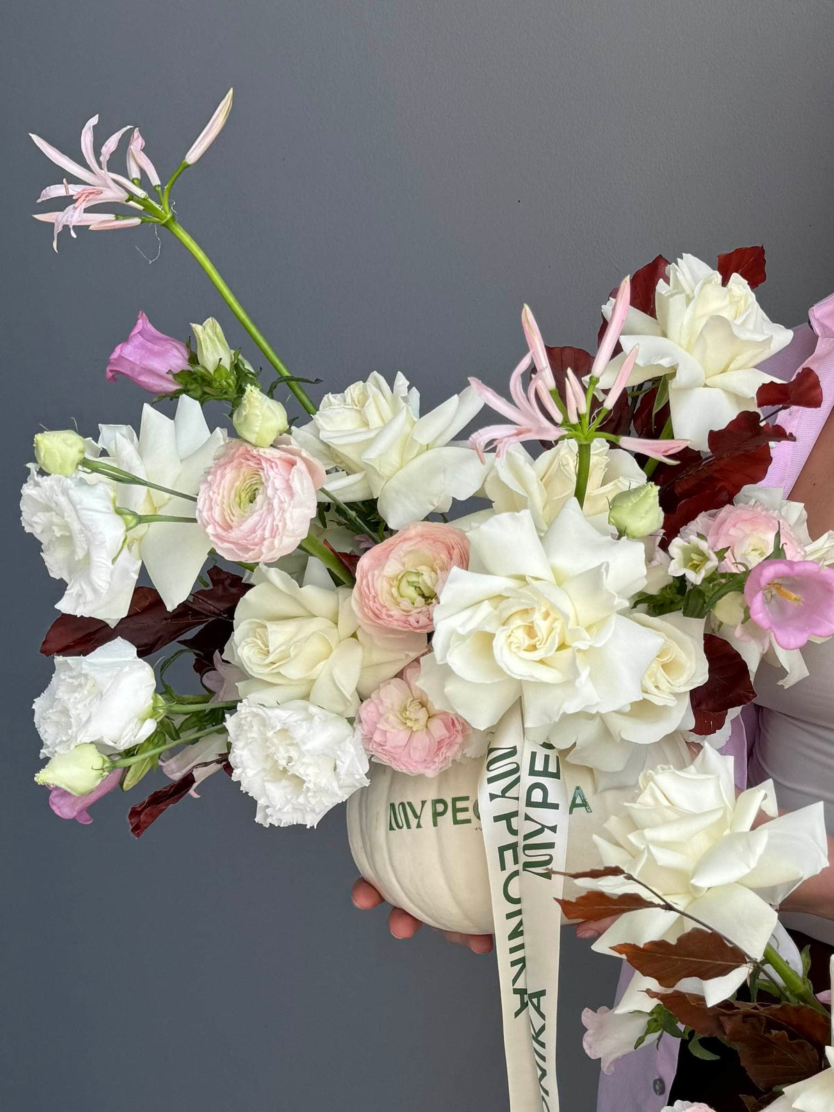 Interior Arrangement “Soft Pumpkin(s)” — roses, ranunculus, hydrangea