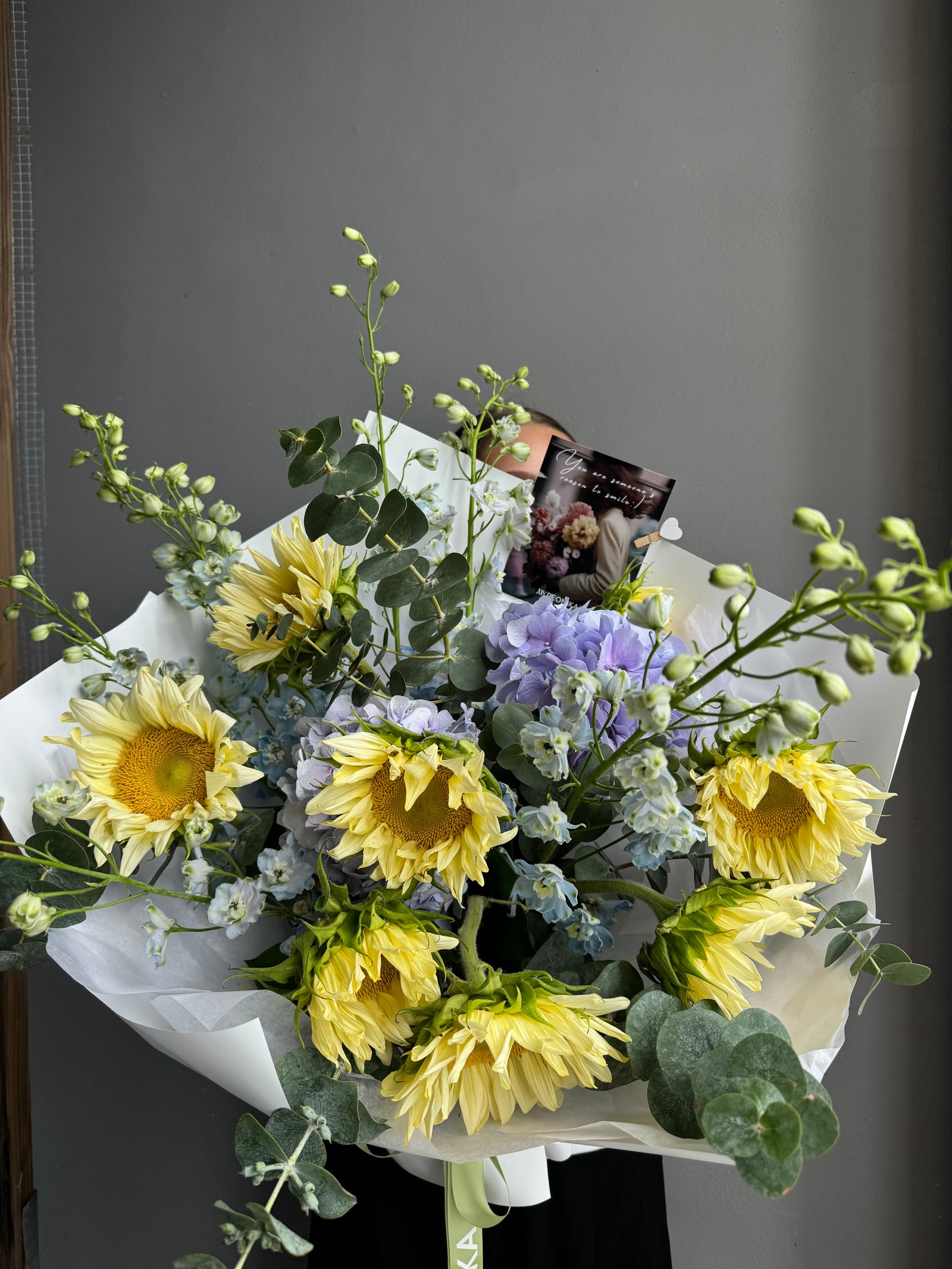 Bouquet “Radiant Smile” - sunflowers, delphiniums, hydrangeas