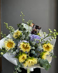 Bouquet “Radiant Smile” - sunflowers, delphiniums, hydrangeas