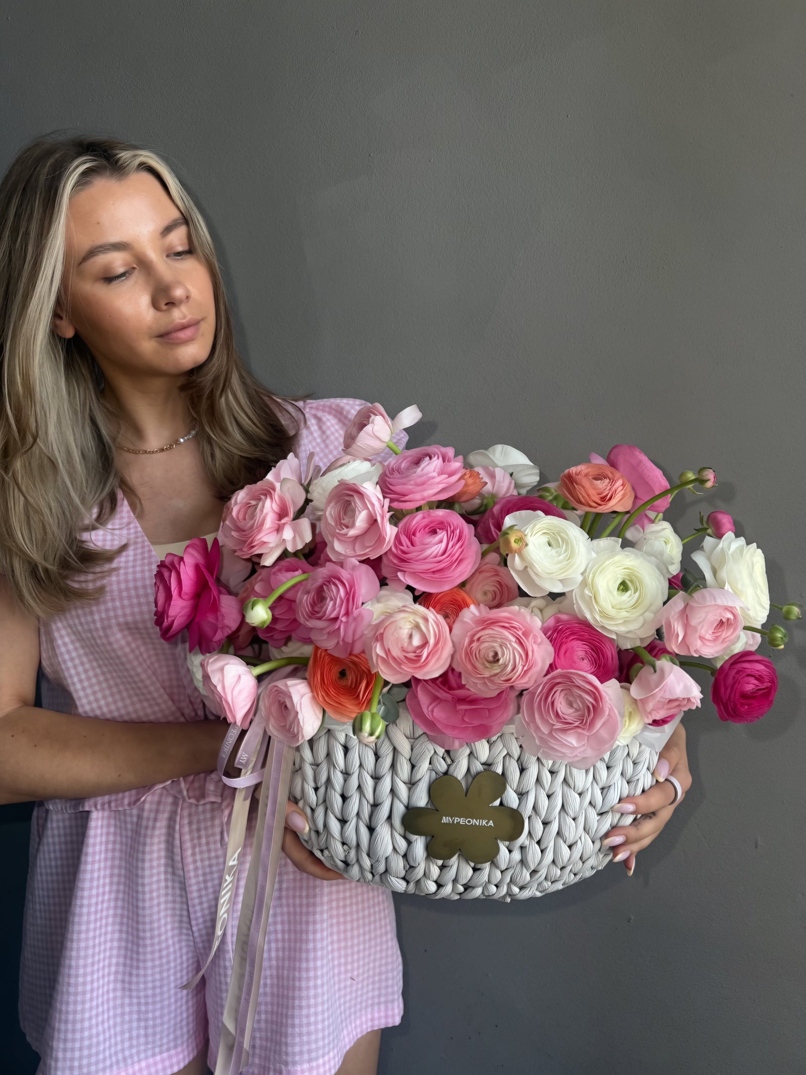 Flower Basket “Petal Cloud” — mixed ranunculuses
