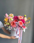 Flower Box "Dopamine" - roses, lisianthus, hydrangea, delphinium