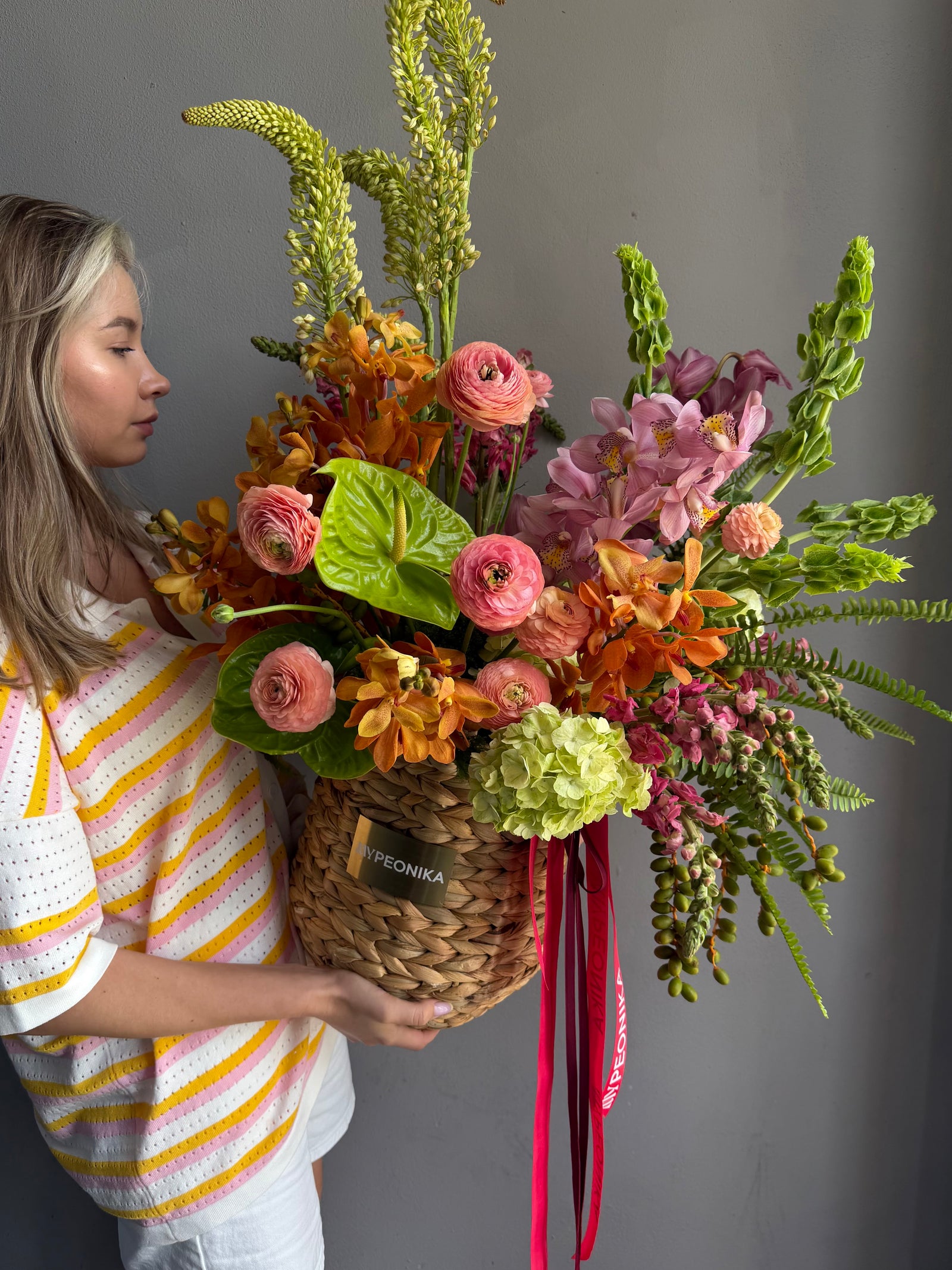 Flower Basket “Wild Eden” — ranunculus, anthurium, hydrangea, orchids, eremurus, moluccella